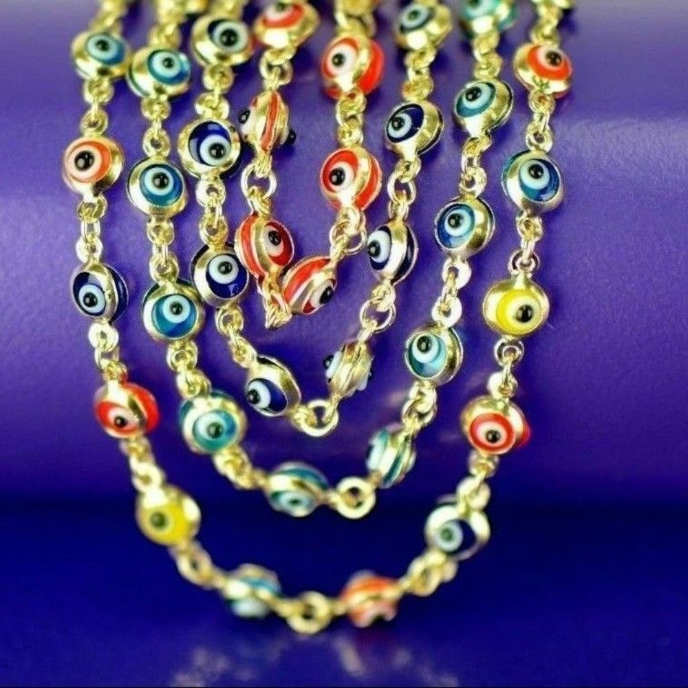 Solid 14k Yellow Gold Evil Eye 6" Bracelets - image 4